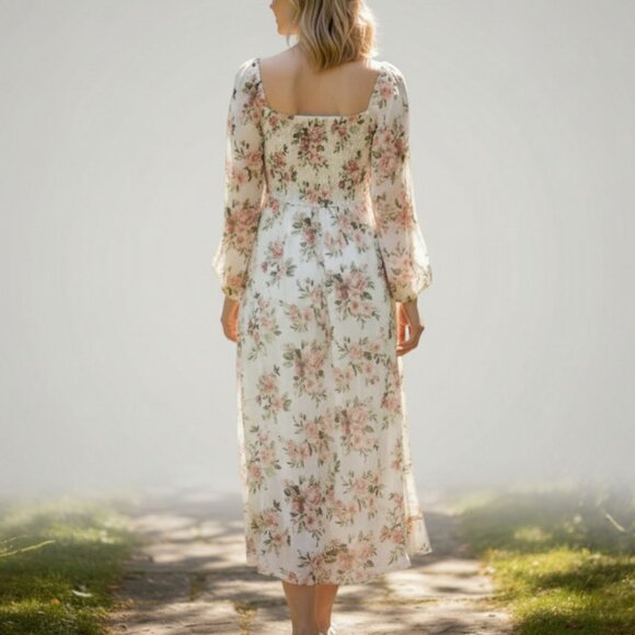 Boho Floral Print Maxi Dress Long Sleeve Square Neck Flowy Wedding Chiffon Gown - Picture 3 of 8